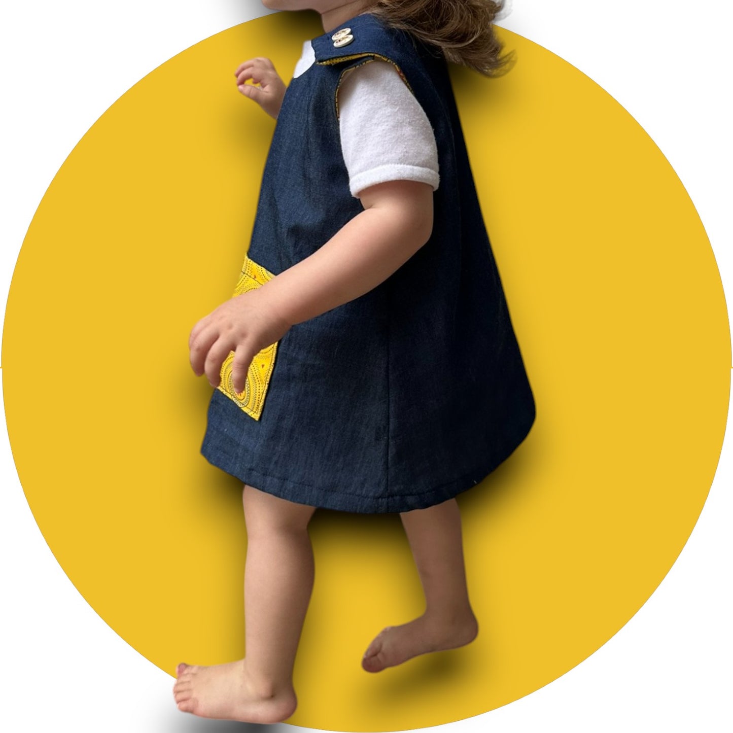 Baby denim A-line dress with shweshwe pocket