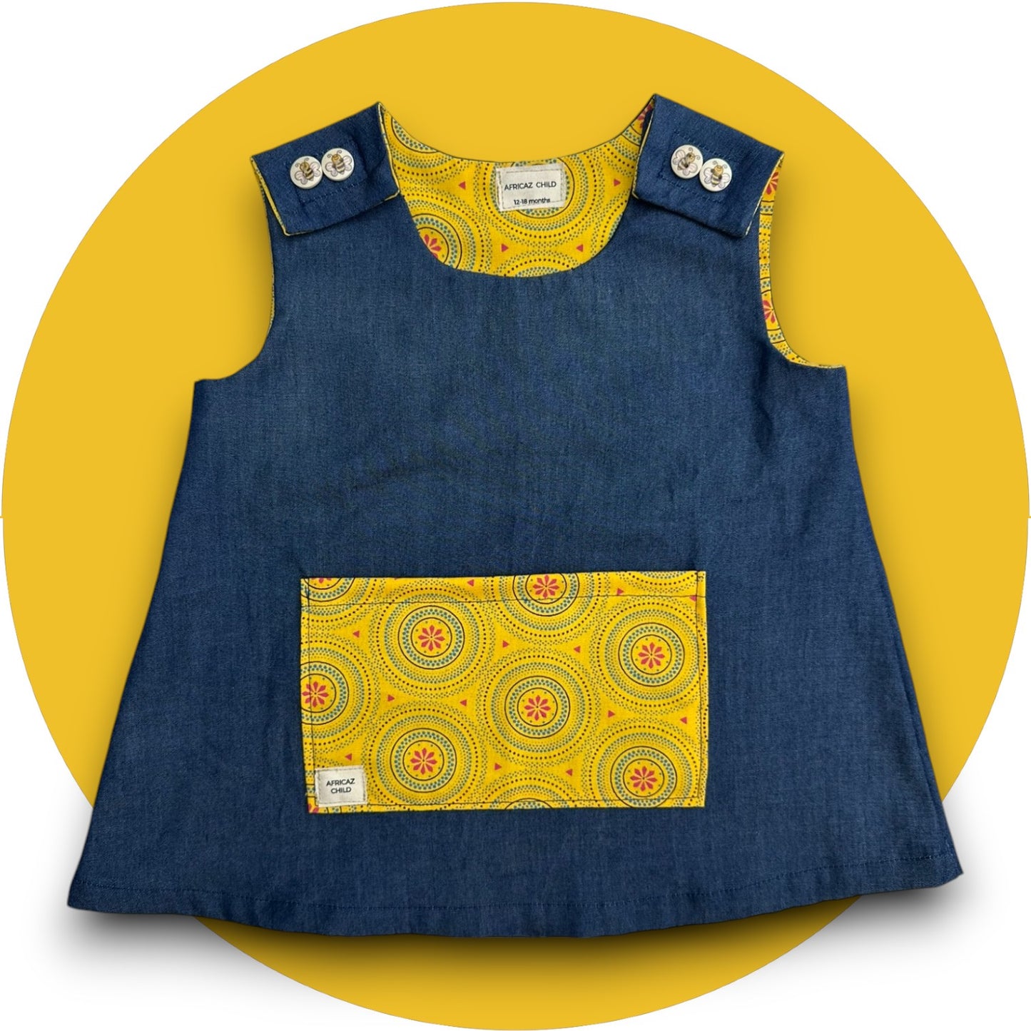 Baby denim A-line dress with shweshwe pocket
