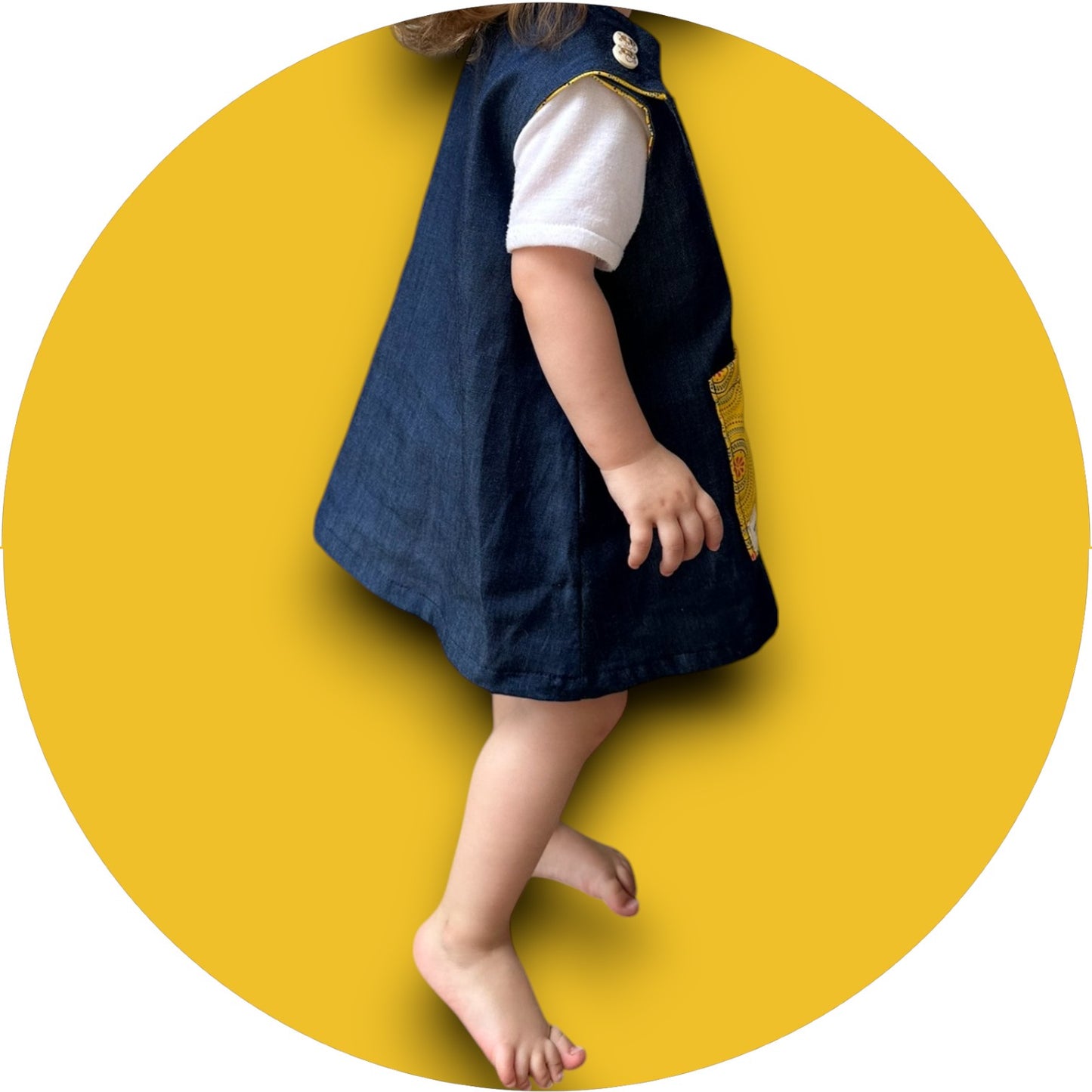Baby denim A-line dress with shweshwe pocket