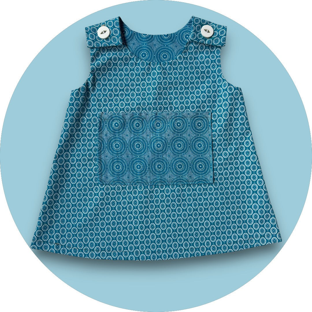 Baby blue shweshwe A-line dress with geo printed pocket