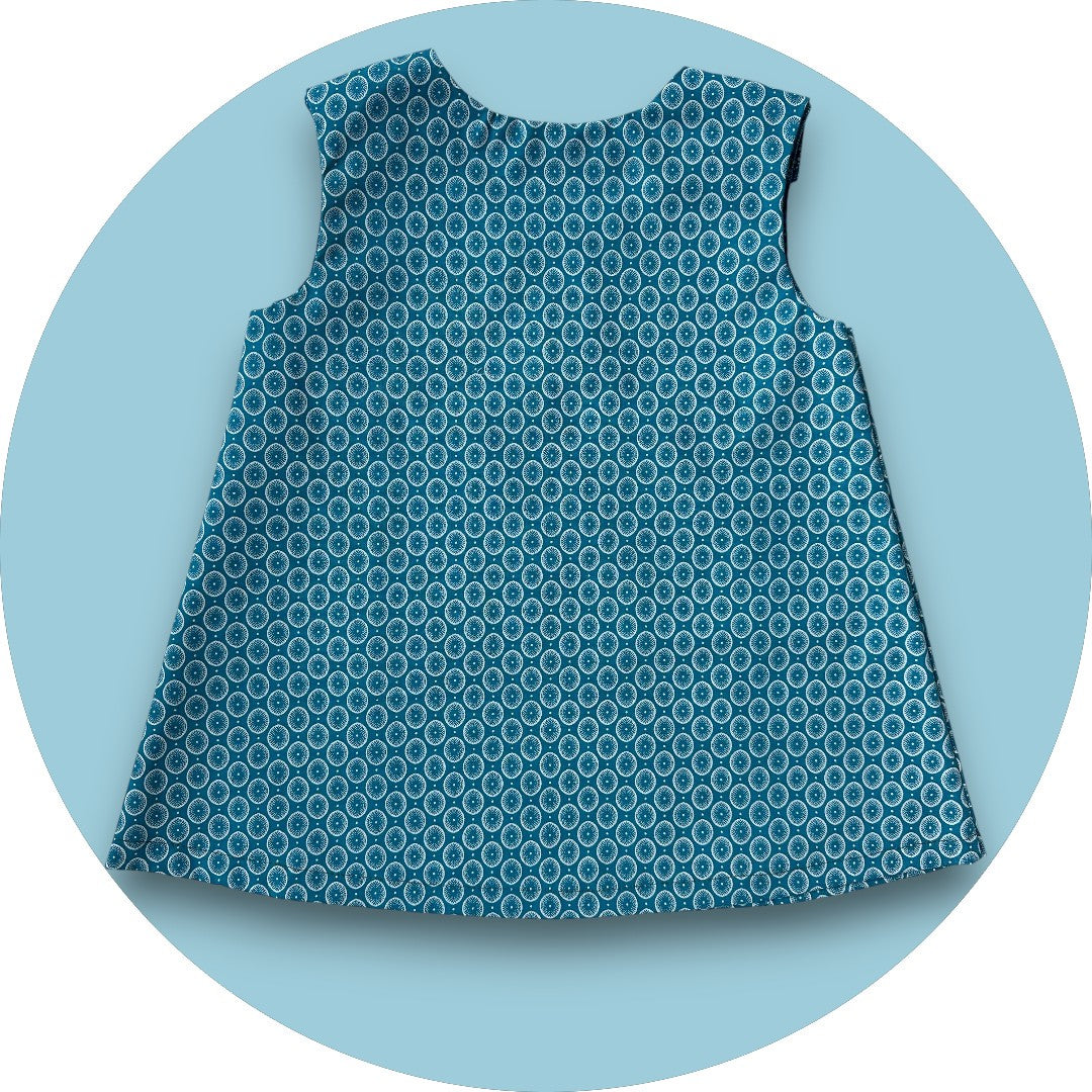Baby blue shweshwe A-line dress with geo printed pocket