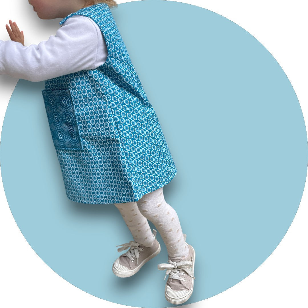 Baby blue shweshwe A-line dress with geo printed pocket