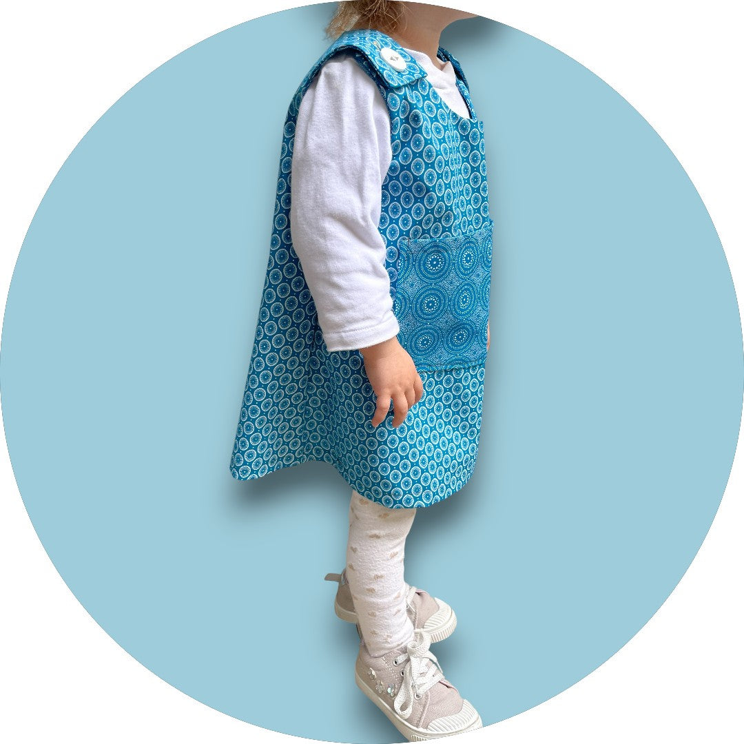 Baby blue shweshwe A-line dress with geo printed pocket