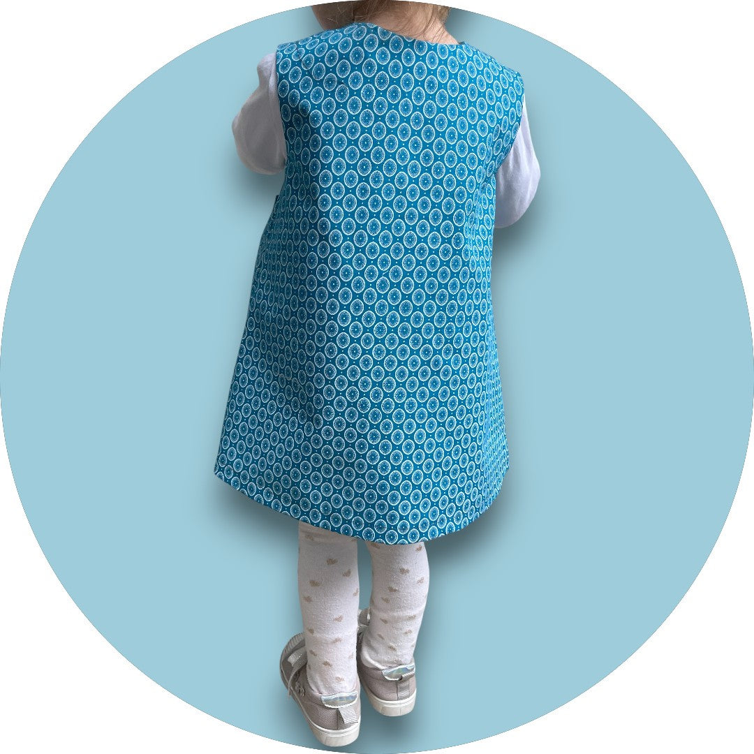 Baby blue shweshwe A-line dress with geo printed pocket