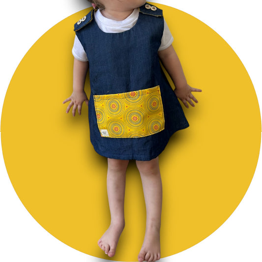 Baby denim A-line dress with shweshwe pocket