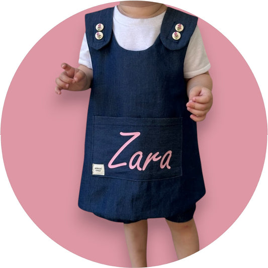 Baby denim cross-over top with custom name pocket