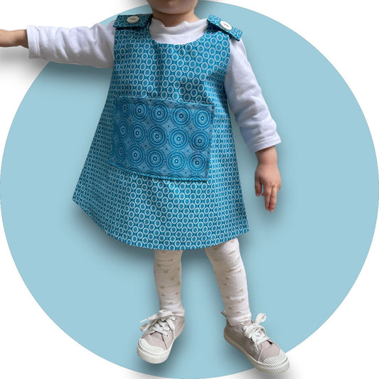 Baby blue shweshwe A-line dress with geo printed pocket